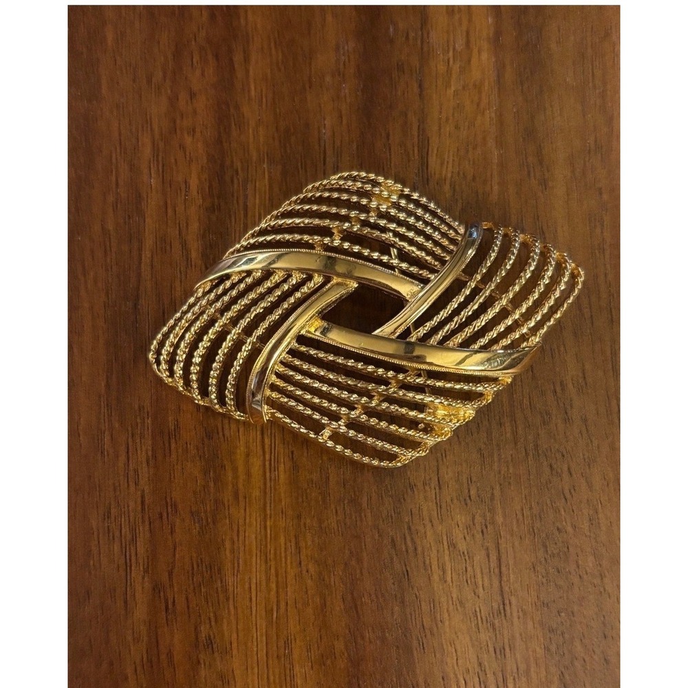 Monet Vintage Gold Tone Geometric Woven Brooch Pin Textured Openwork Statement